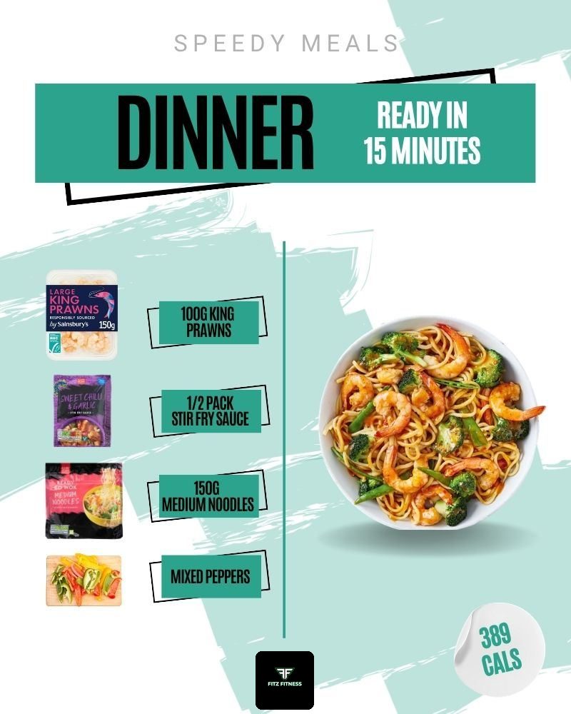 Fast dinner: King prawn stir-fry with noodles and peppers, 389 calories