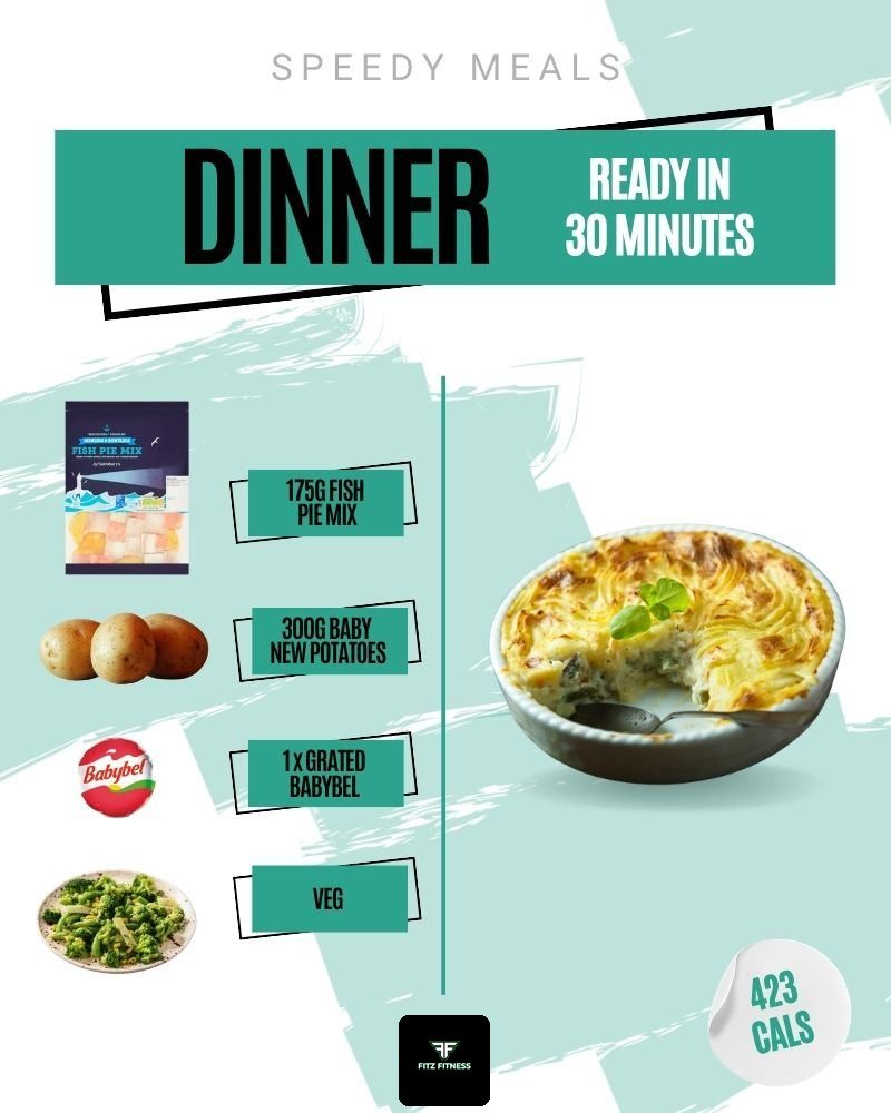 Fast dinner: Fish pie mix with baby potatoes and Babybel, 423 calories